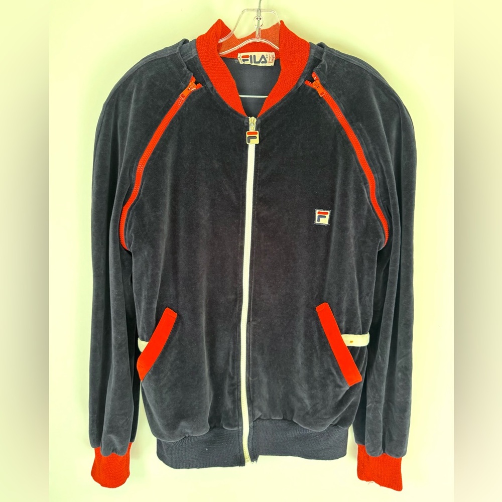Vintage 1980s Men’s Fila Black and Red Velvet Zip-Up Jacket and Vest